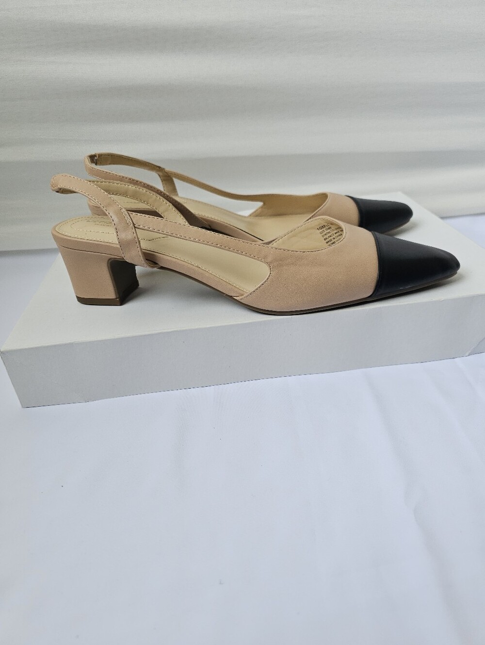 Two-Tone Slingback Pointed Toe Pumps in Beige and Black - Picture 3 of 16